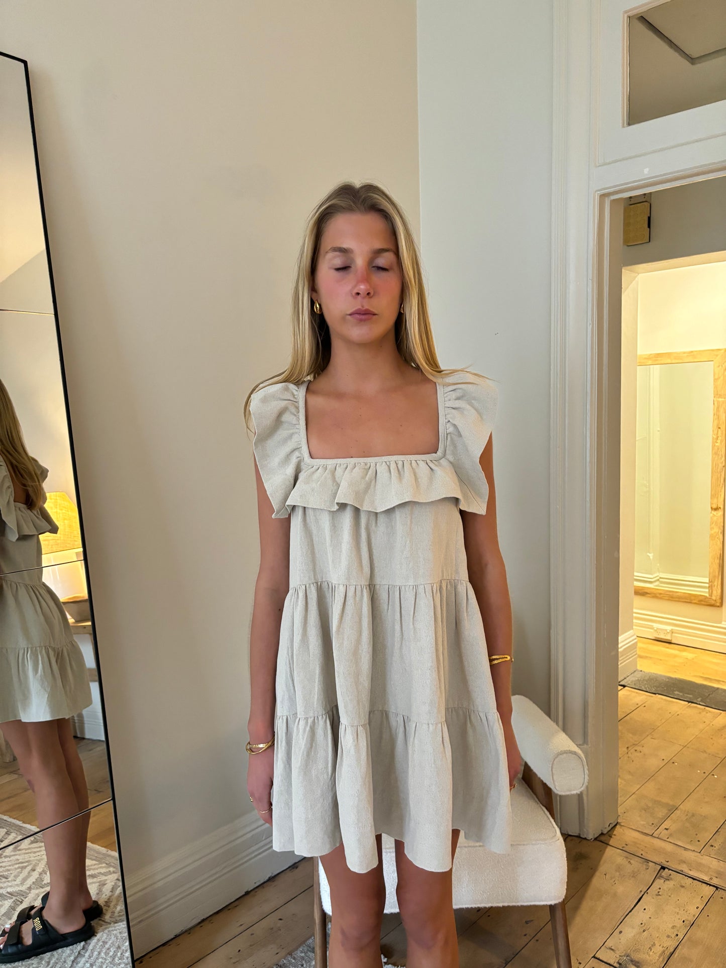 The Lola Frilly Dress in Natural Linen